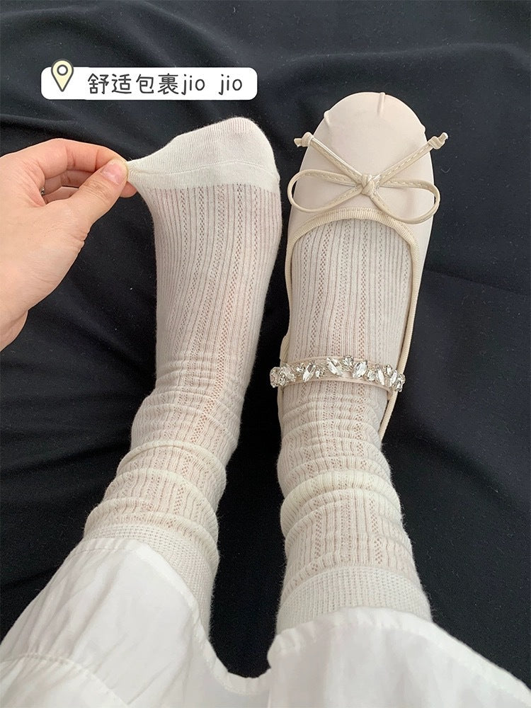 Thin Summer Ballet Bow Cotton Crew Socks for Women
