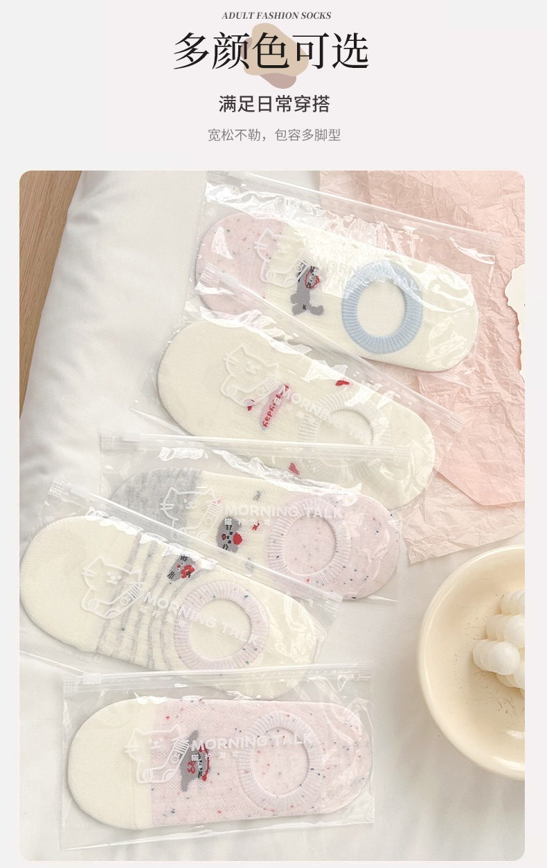 Cute Cotton No-Show Socks for Women | Non-Slip Cat Print