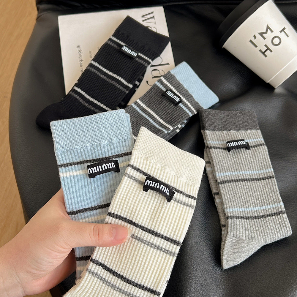 Women's Striped Cotton Crew Socks | Trendy Mid-Calf Socks