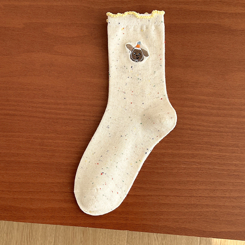 Cute Embroidered Cotton Crew Socks for Women | Ruffled Casual Socks