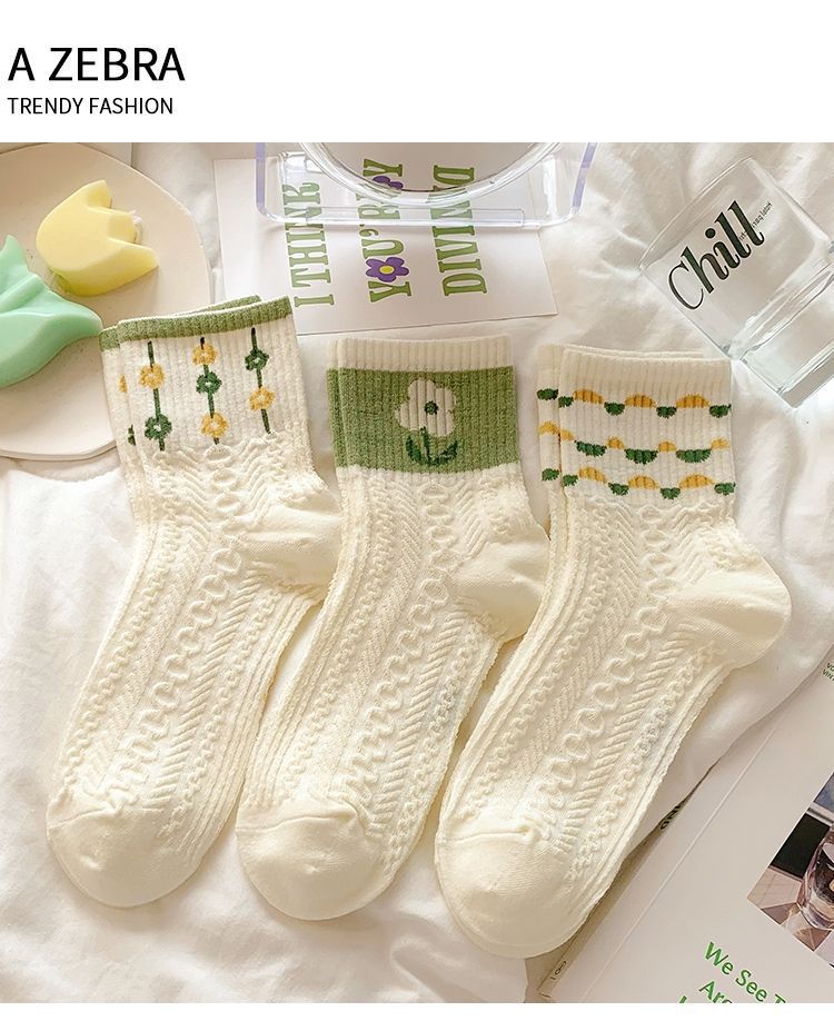 Cotton Floral Crew Socks for Women | Green Patterned Casual Socks
