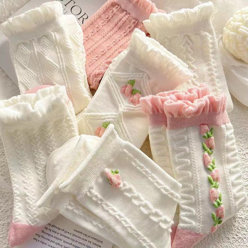 Women's Ruffled Floral Crew Socks | Thin Cotton Spring Summer Socks