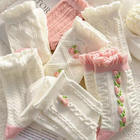 Women's Ruffled Floral Crew Socks | Thin Cotton Spring Summer Socks