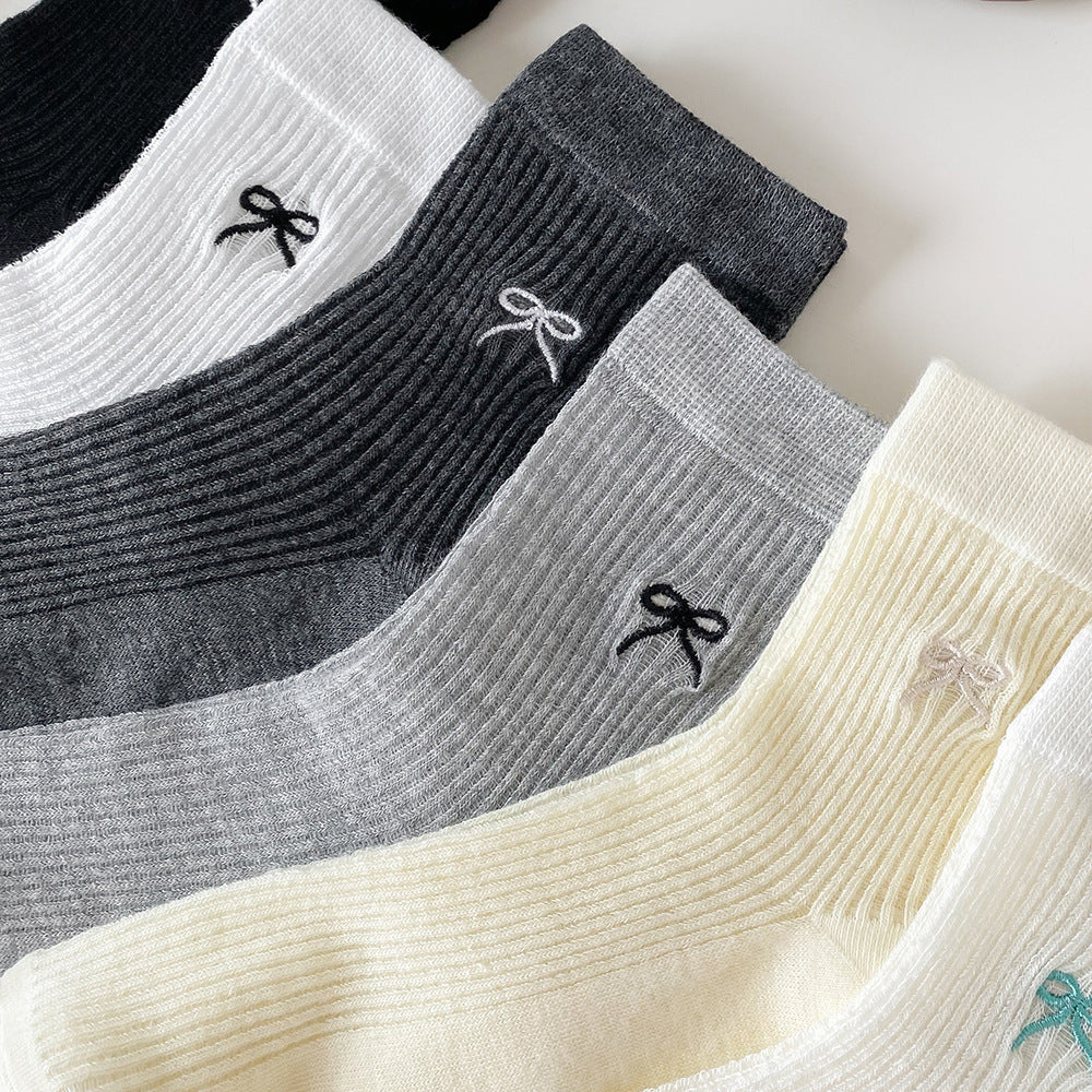 Bow Embroidered Women Ankle Socks | Breathable Cotton Mesh Summer Socks