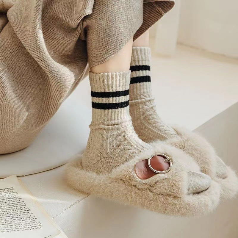 Cable Knit Two-Stripe Cozy Crew Socks for Women