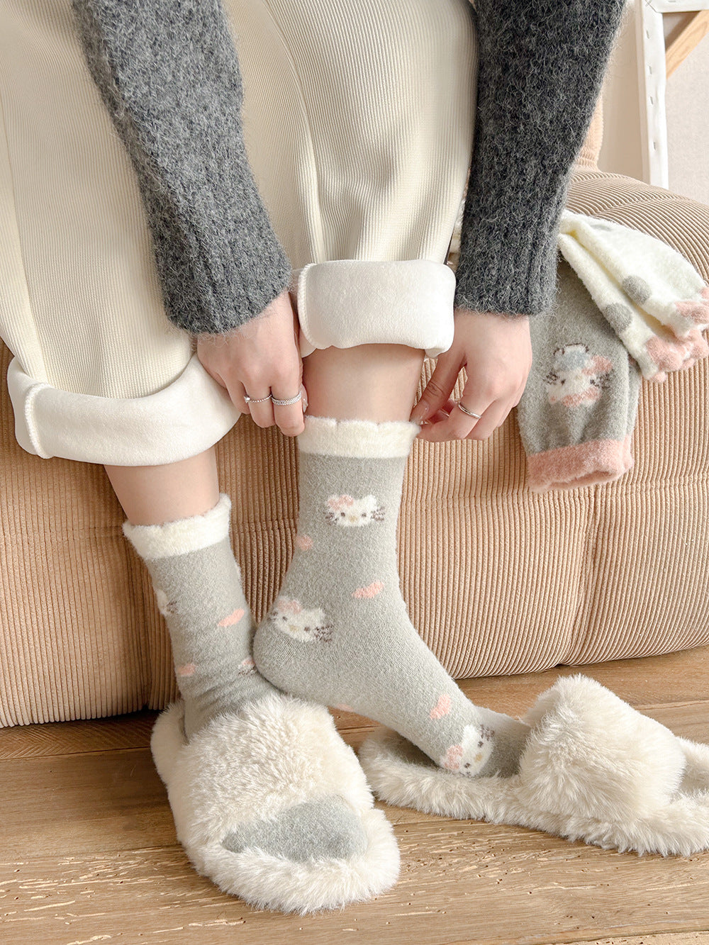 Cute Fuzzy Cozy Crew Socks | Hello Kitty Winter Socks for Women