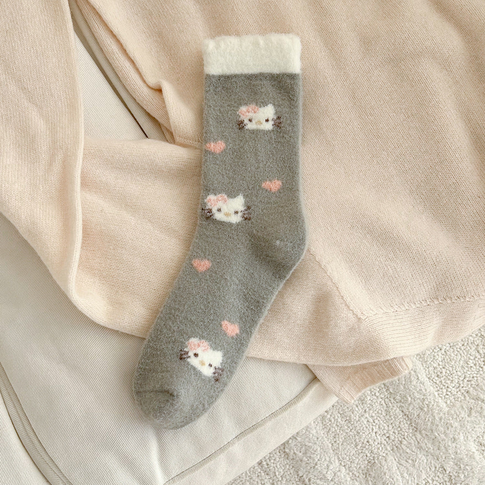 Cute Fuzzy Cozy Crew Socks | Hello Kitty Winter Socks for Women