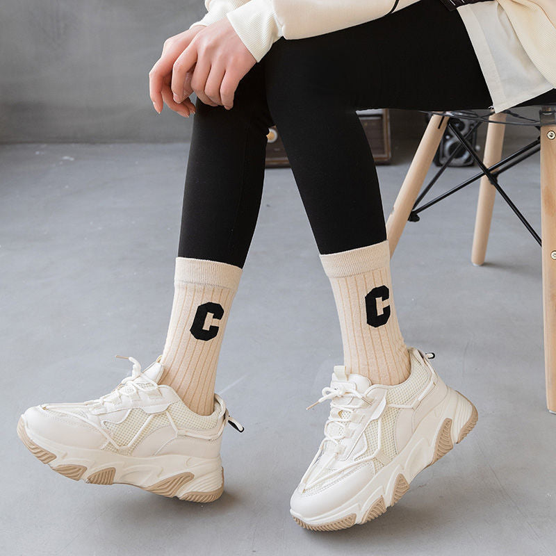 C-Logo Cotton Crew Socks for Women | Trendy Fall Winter Mid Calf