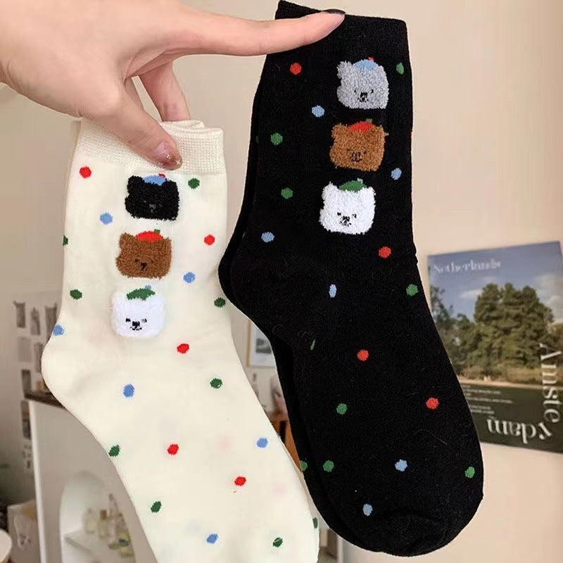 Cute Cotton Polka Dot Bear Crew Socks for Women