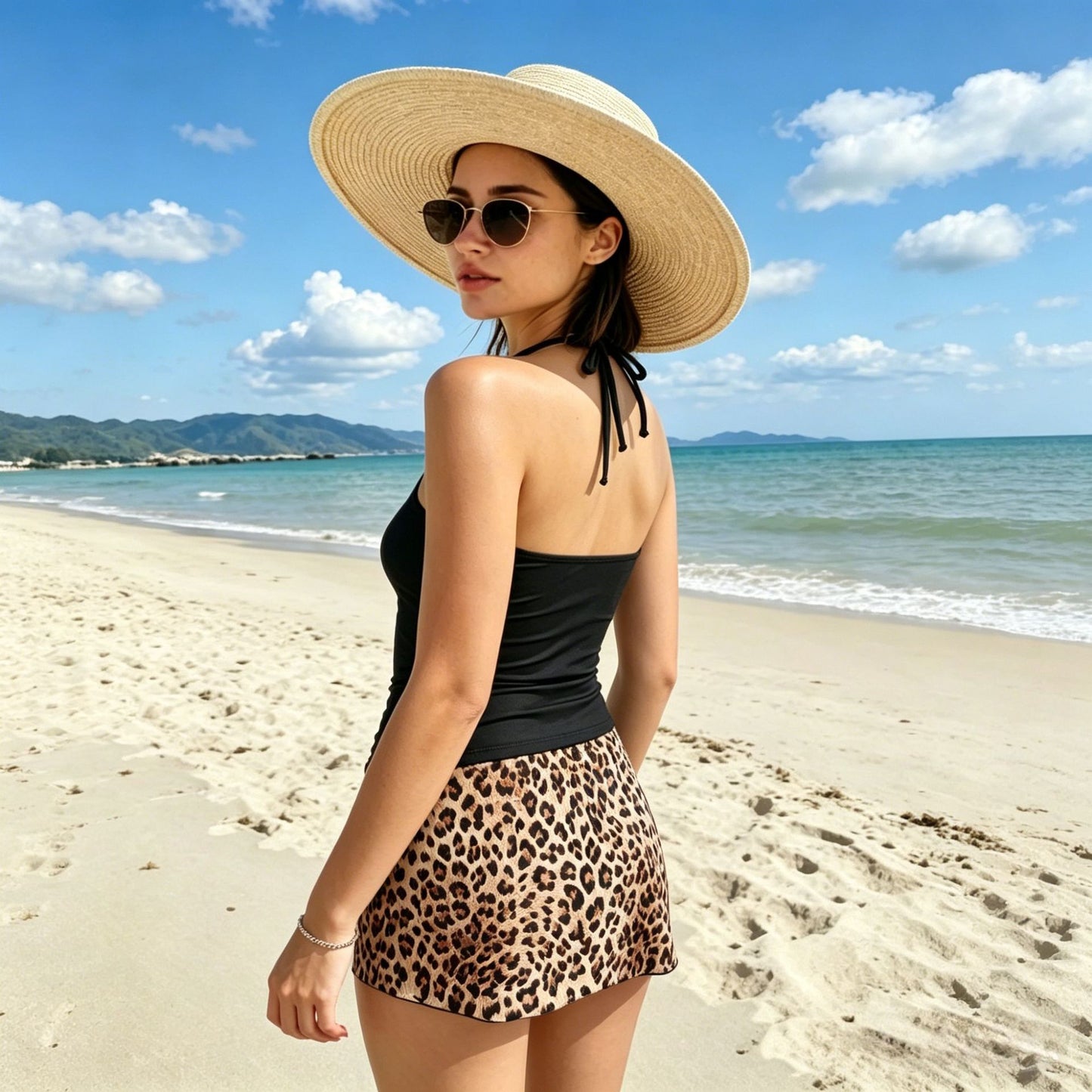 Deep V Halter Leopard Skirted Bikini Set | Women's Swimwear