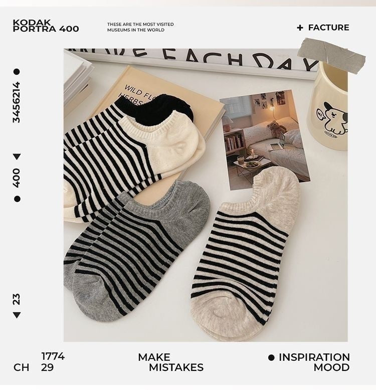 Striped No-Show Socks for Women | Non-Slip Invisible Cotton Socks