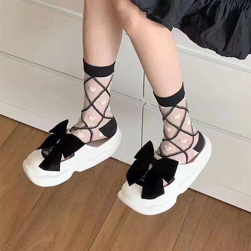 Sheer Heart Pattern Crew Socks | Sweet Transparent Summer Socks