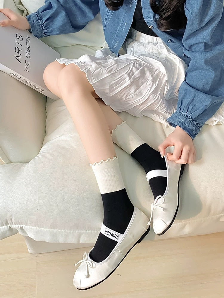 Cute Colorblock Ruffled Cotton Crew Socks for Women