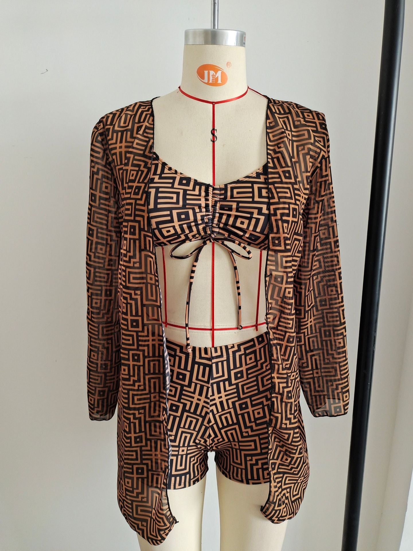 Geometric Print 3-Piece Women's Bikini | Long Sleeve Sun Protection Swimwear