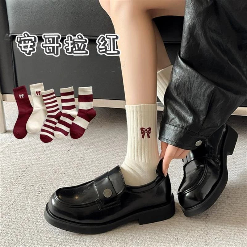Women's Burgundy Striped Crew Socks | Soft Cotton Casual Socks