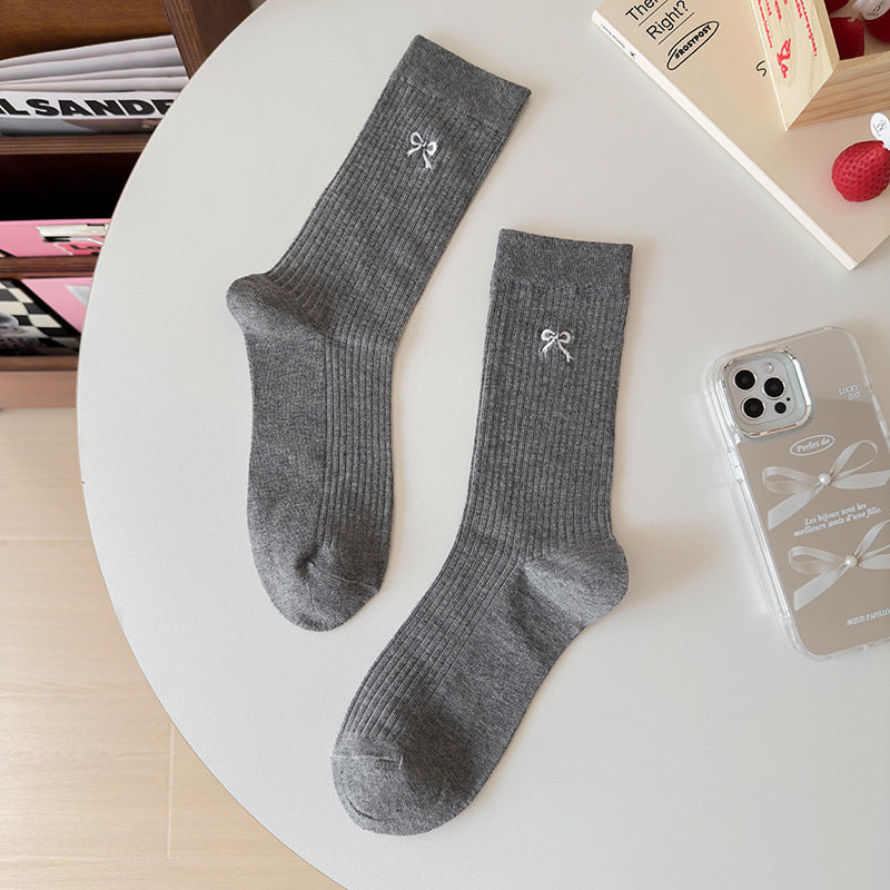 Embroidered Bow Cotton Crew Socks for Women | Casual Everyday Socks