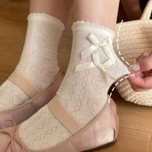 Lace Trim Heart Crew Socks | Bow Lolita Socks for Women