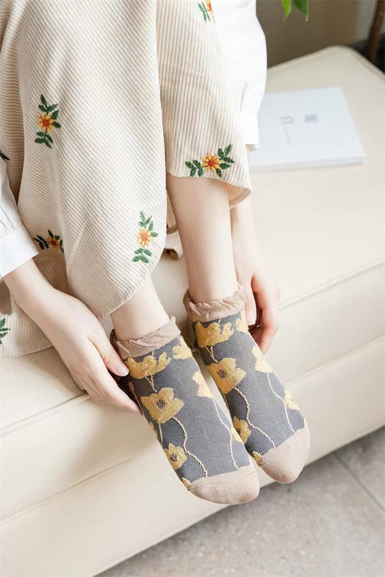 Vintage Floral Ankle Socks | Breathable Cotton Socks for Women