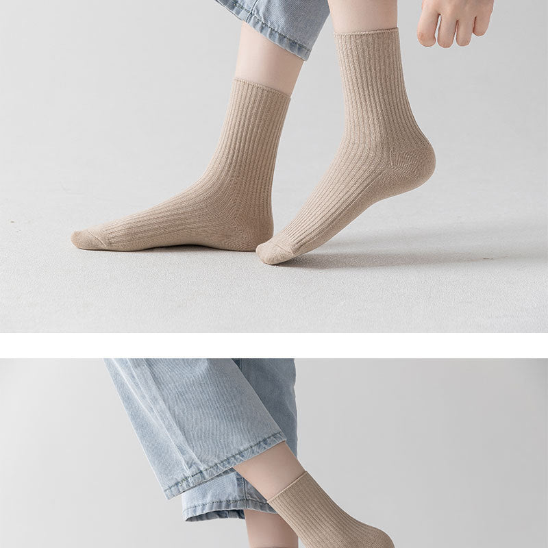 Ribbed Cotton Crew Socks for Women | Neutral Winter Slouch Socks