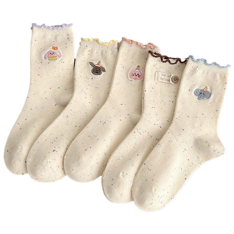 Cute Embroidered Cotton Crew Socks for Women | Ruffled Casual Socks