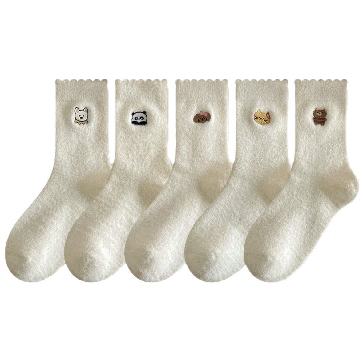 Fuzzy Warm Cozy Crew Socks | Cute Embroidered Winter Lounge Socks