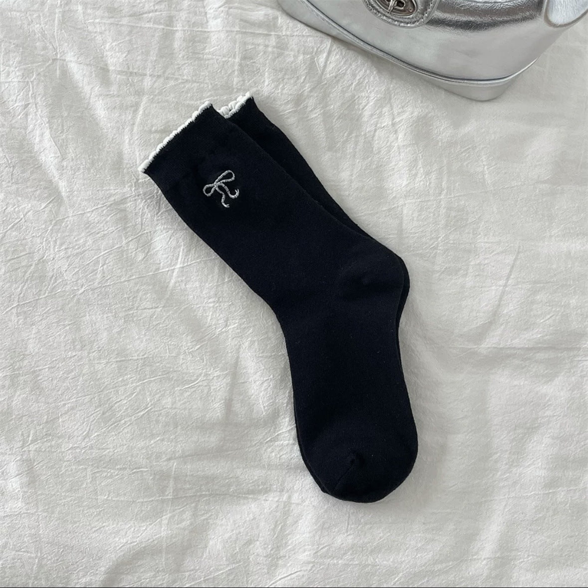 Embroidered Bow Cotton Crew Socks | Ruffle Trim Ballet Style for Women