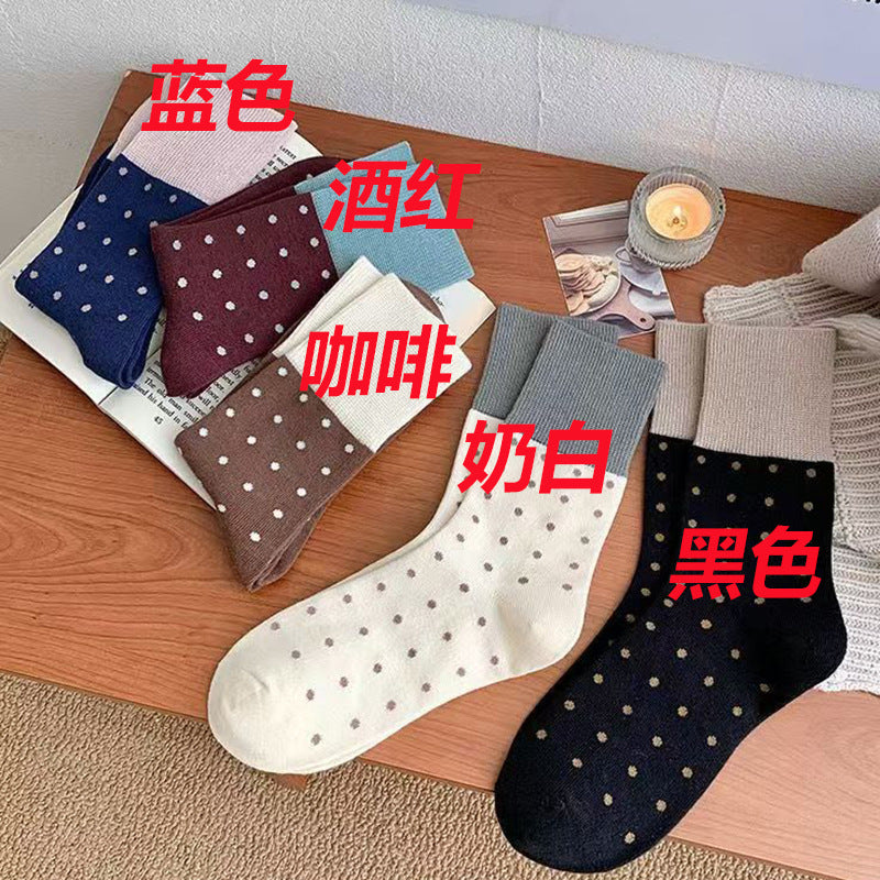 Retro Polka Dot Colorblock Crew Socks for Women