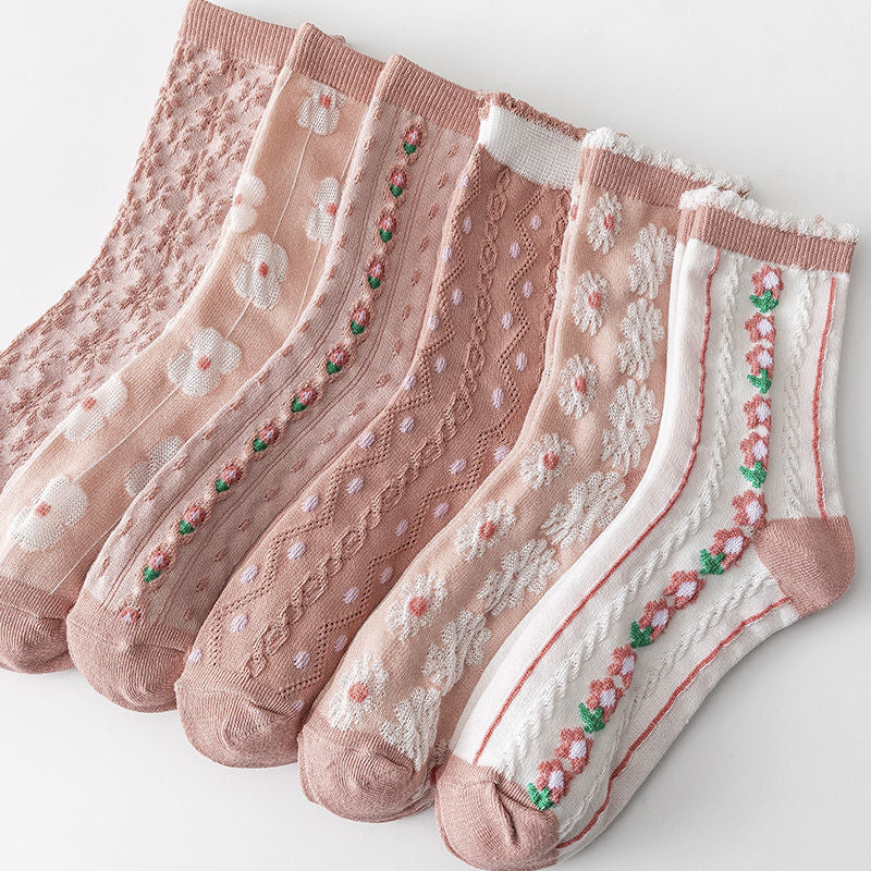 Women's Floral Pink Crew Socks | Cotton Textured Patterned Socks
