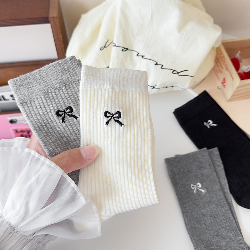 Embroidered Bow Cotton Crew Socks for Women | Casual Everyday Socks