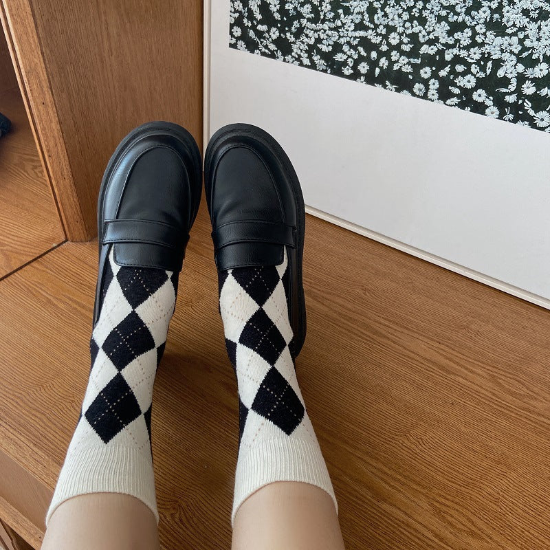 Vintage Argyle Crew Socks for Women | Retro Patterned Mid-Calf Socks