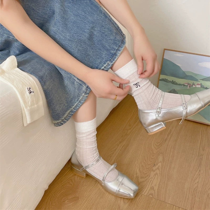 Thin Summer Ballet Bow Cotton Crew Socks for Women