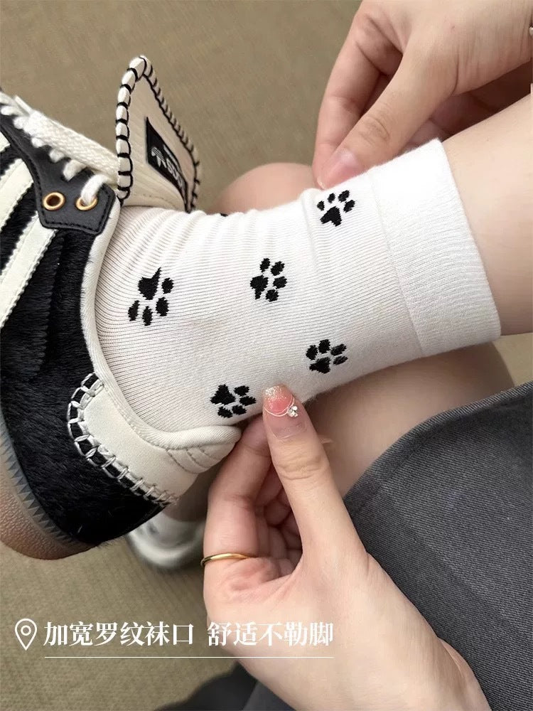 Playful Cat Paw Cotton Crew Socks for Women | Casual Patterned