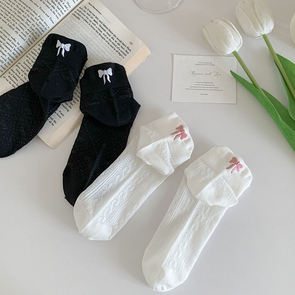 Bow Embroidered Ankle Socks for Women | Breathable Summer Mesh Socks