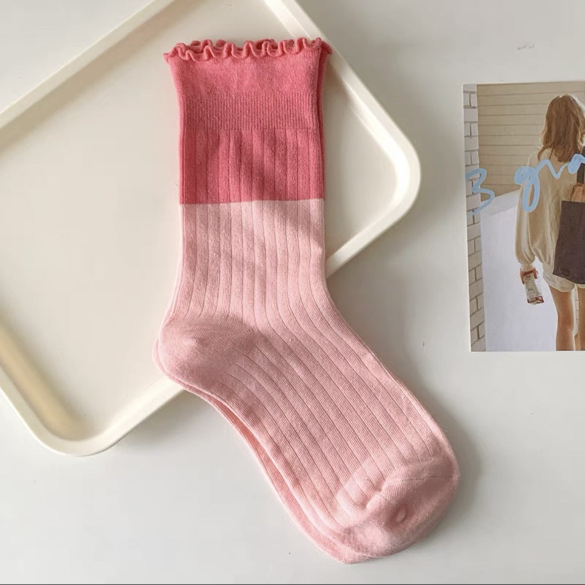 Cute Colorblock Ruffled Cotton Crew Socks for Women
