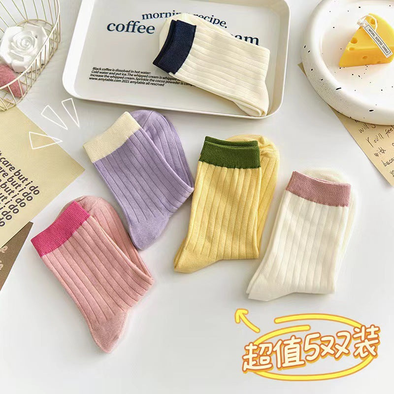 Contrast Cuff Crew Socks for Women | Lightweight Striped Cotton Socks