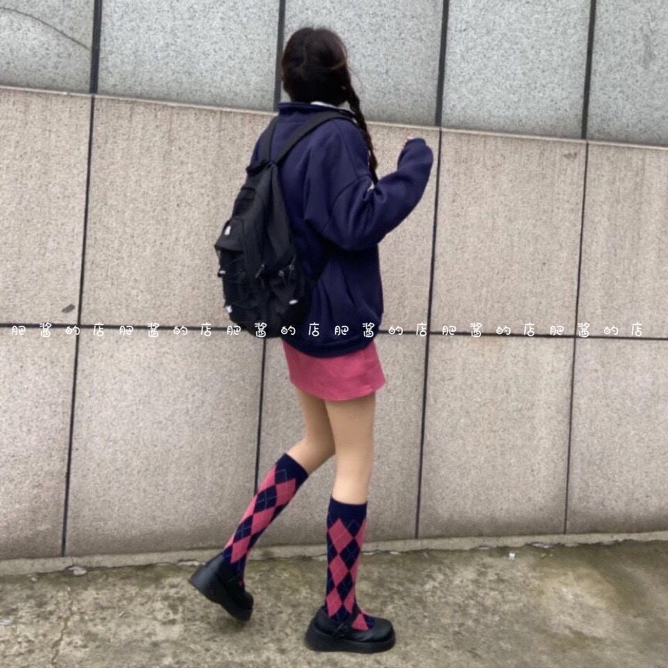 Argyle Patterned Calf Socks for Women | Preppy Cotton Socks