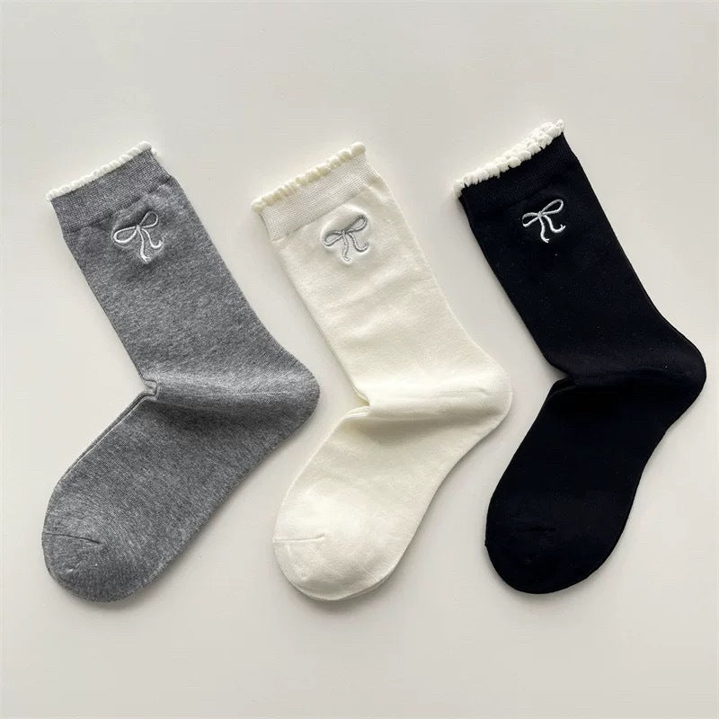 Embroidered Bow Cotton Crew Socks | Ruffle Trim Ballet Style for Women