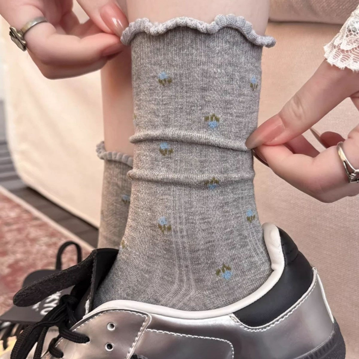 Ditsy Floral Ruffle Crew Socks for Women | Lightweight Spring Socks