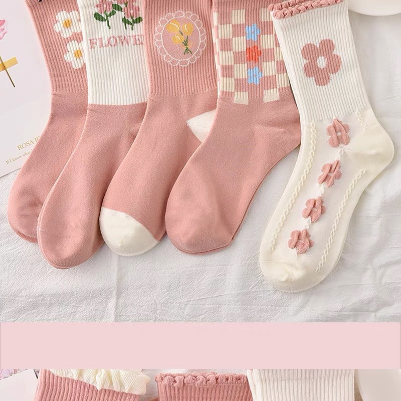 Cute Pink Floral Crew Socks for Women | Soft Cotton Patterned Socks