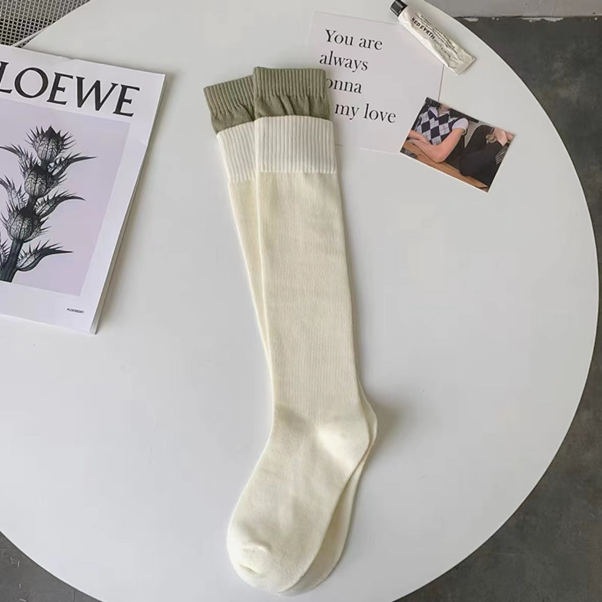 Two-Tone Double Cuff Calf Socks for Women | Slouch Knee High Socks