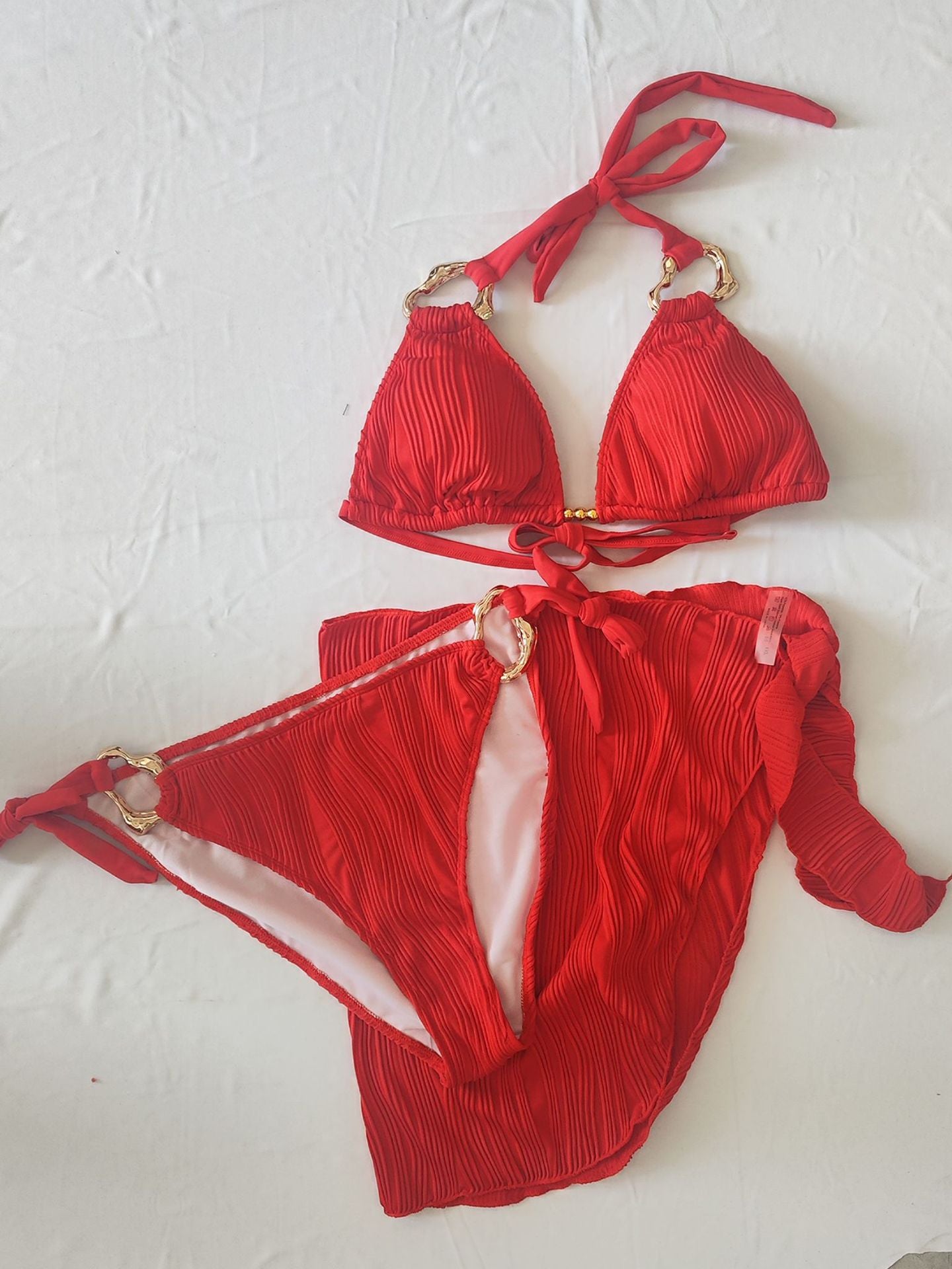 Red Halter Plus Size Bikini Set With Wrap Sarong | Sexy Beach Swimwear