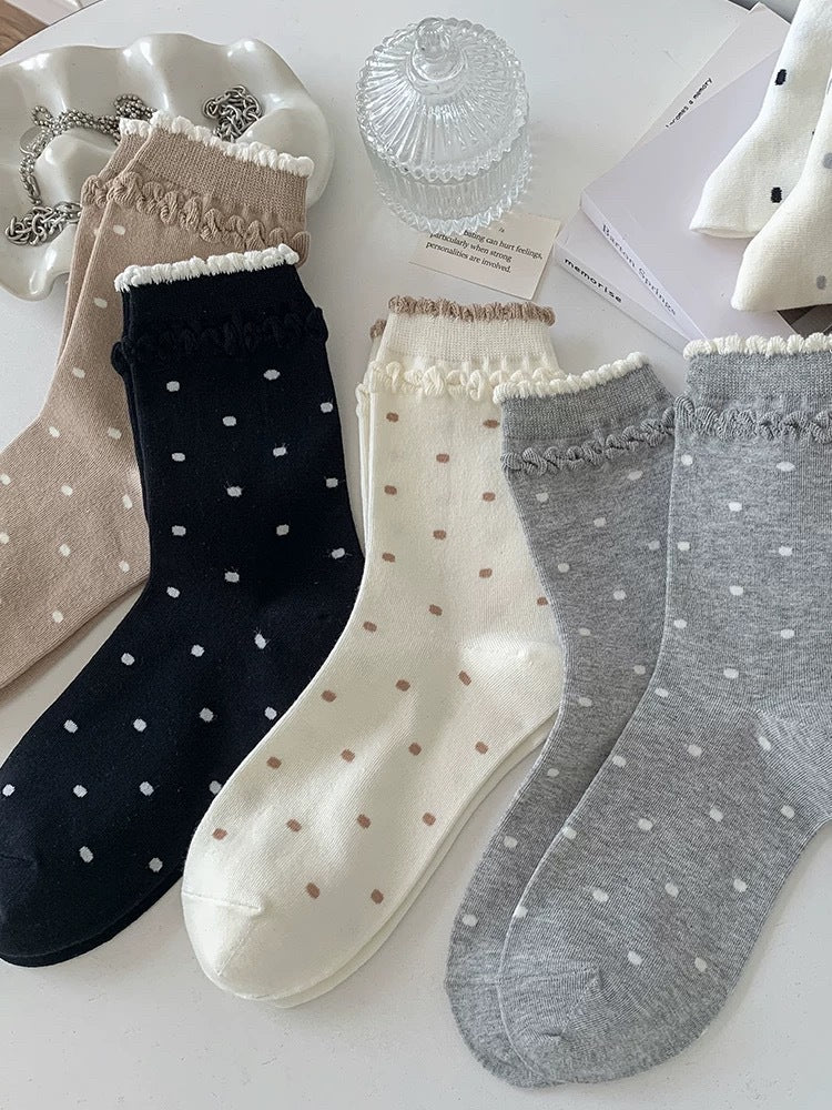 Polka Dot Cotton Crew Socks for Women | Ruffled Lace Trim