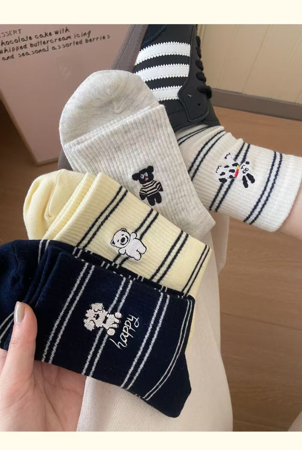 Cute Embroidered Striped Crew Socks for Women