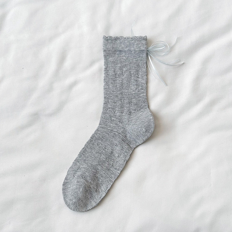 Sheer Cotton Crew Socks for Women | Bow Back Lace Trim