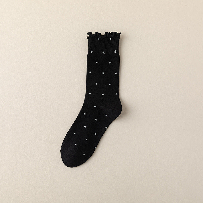 Ruffled Polka Dot Cotton Crew Socks for Women