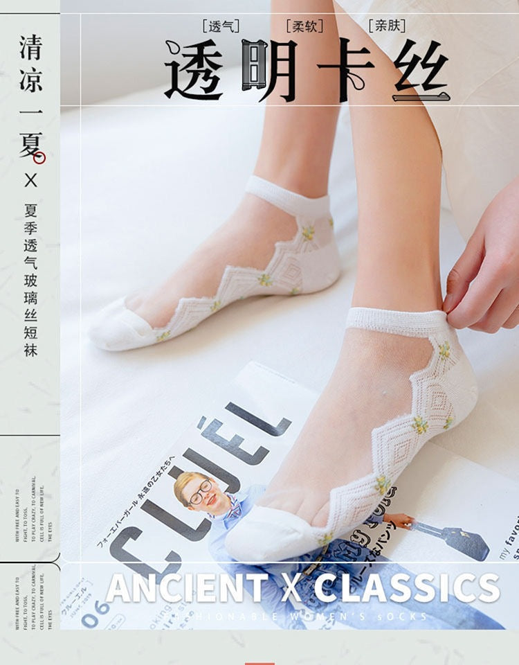Sheer Floral Ankle Socks for Women | Breathable Cotton Sole Summer Socks