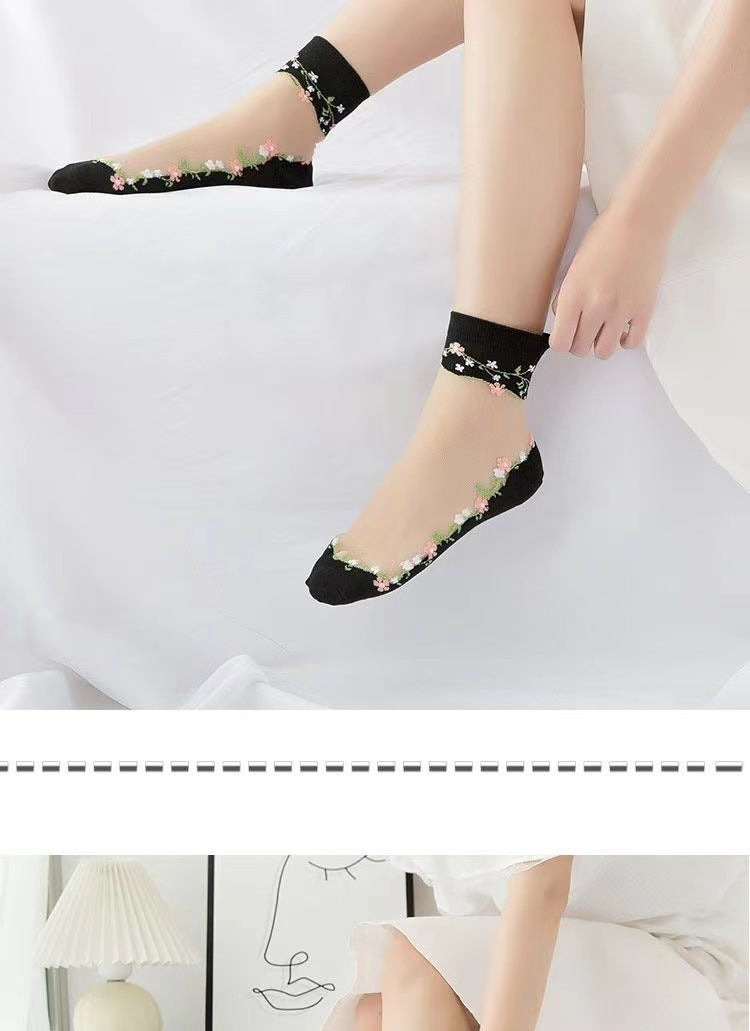 Floral Sheer Crew Socks for Women | Breathable Cotton Sole Summer Socks