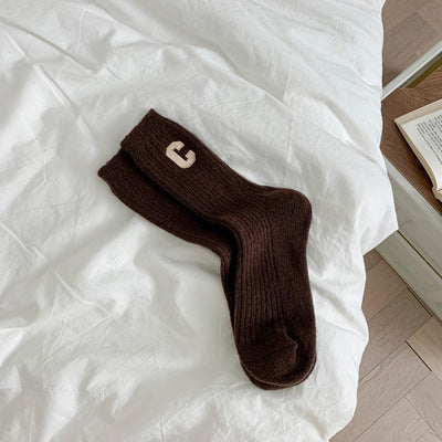 C-Logo Cotton Crew Socks for Women | Trendy Fall Winter Mid Calf