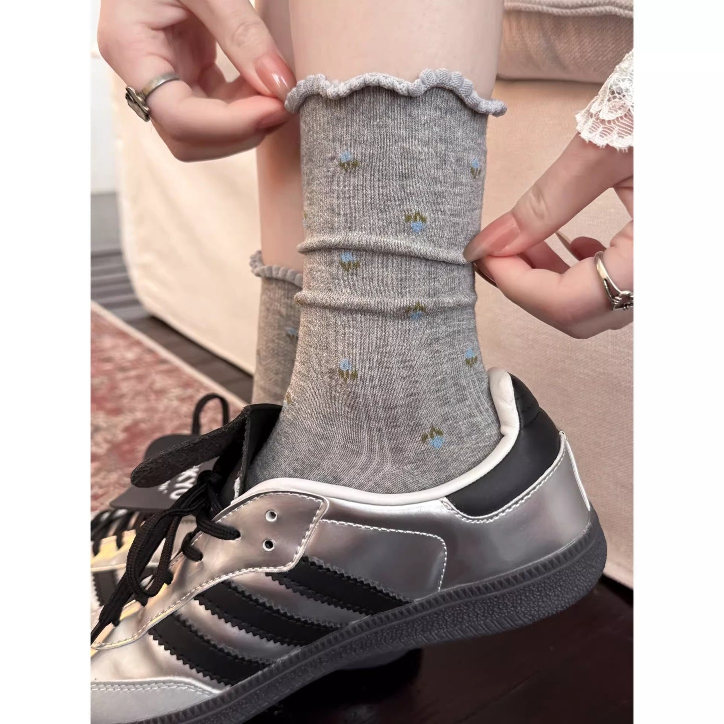 Ditsy Floral Ruffle Crew Socks for Women | Lightweight Spring Socks