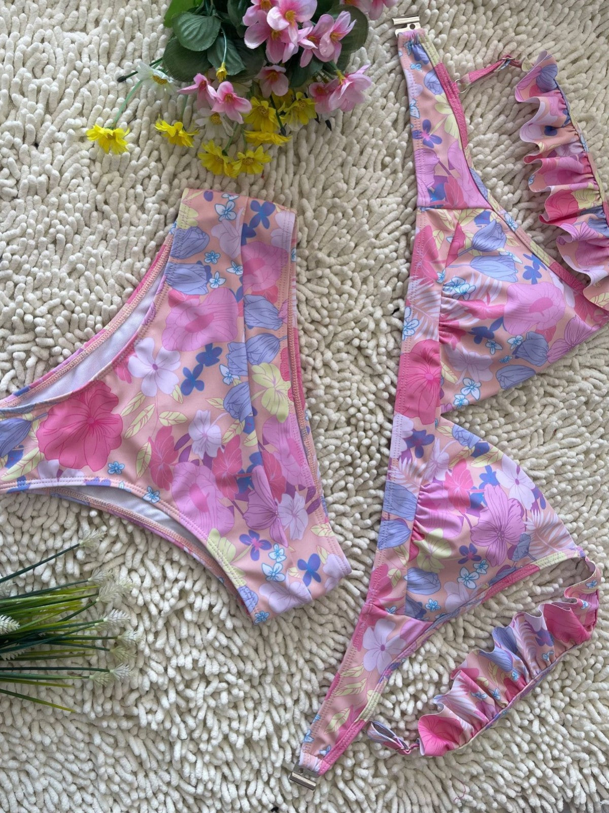Pink Floral Ruffled High-Waisted Bikini Set | Women's Beach Swimwear